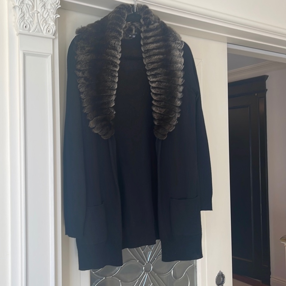 Theory Black Cashmere Rabbit Fur Cardigan Size M